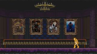 Castlevania art on a wall with a NES sprite for Simon Belmont seen in Castlevania's 40th anniversary video.