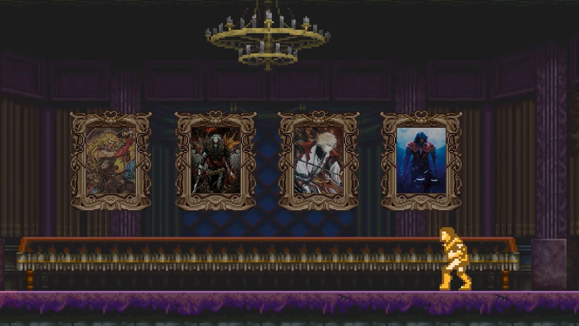 Castlevania art on a wall with a NES sprite for Simon Belmont seen in Castlevania's 40th anniversary video.