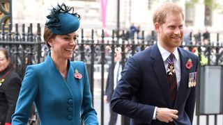 Catherine, Duchess of Cambridge and Prince Harry, Duke of Sussex attend the ANZAC Day Service of Commemoration and Thanksgiving