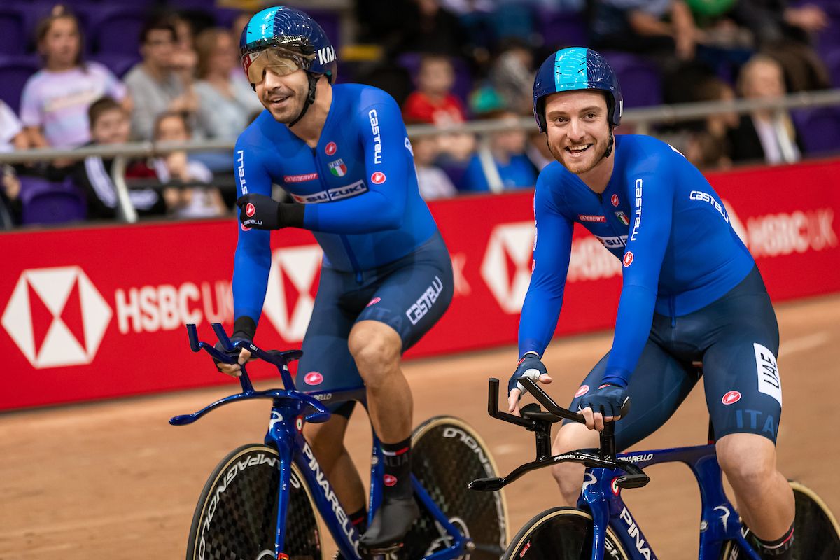 Simone Consonni and Francesco Lamon of Italy after the men's team pursuit