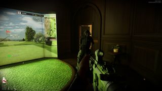 Figures with guns proceed past a virtual golf course.