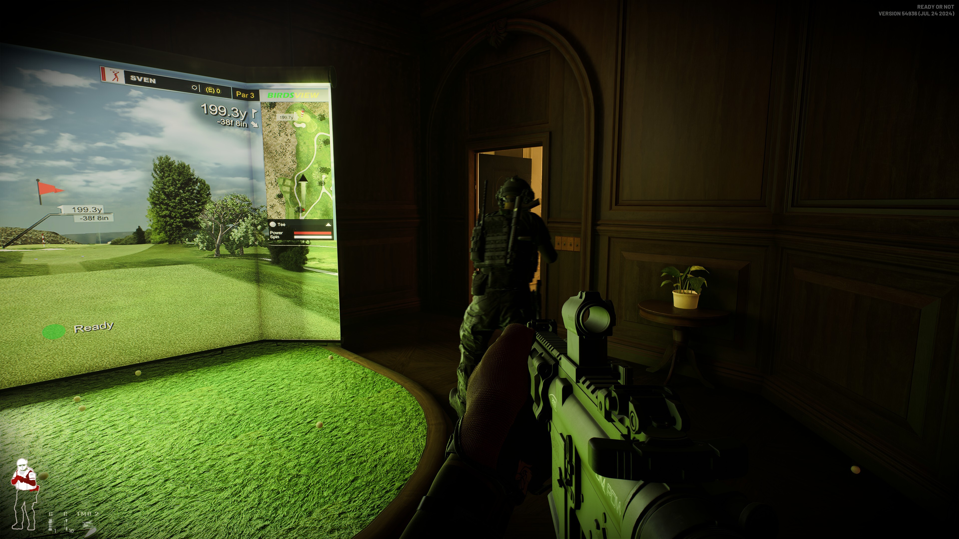 Figures with guns proceed past a virtual golf course.