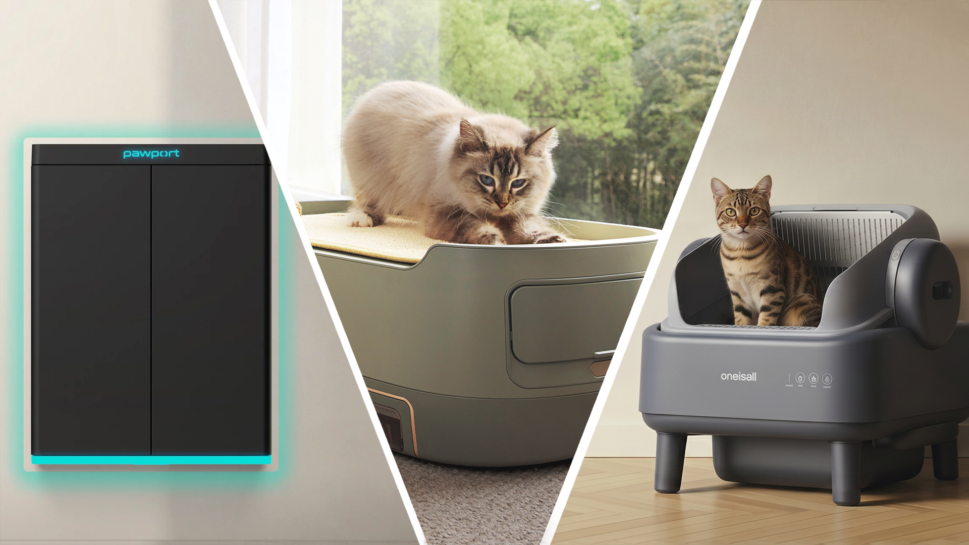 A smart cat door, cat on an air purifier/pet bed, and a cat in a smart litter box