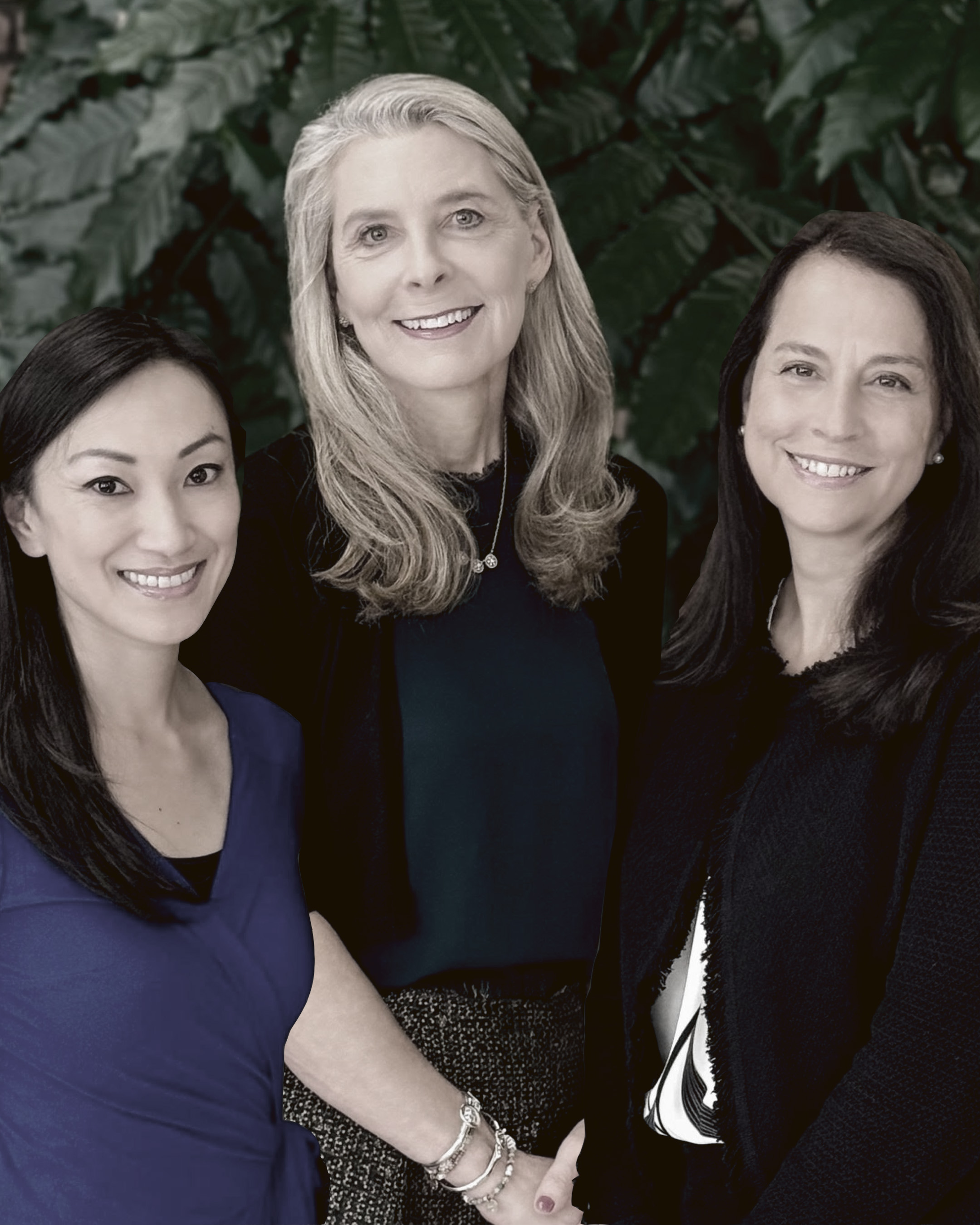 Dr. Alice Zheng, Stasia Obremskey, and Elizabeth Bailey standing together and smiling in front of greenery.