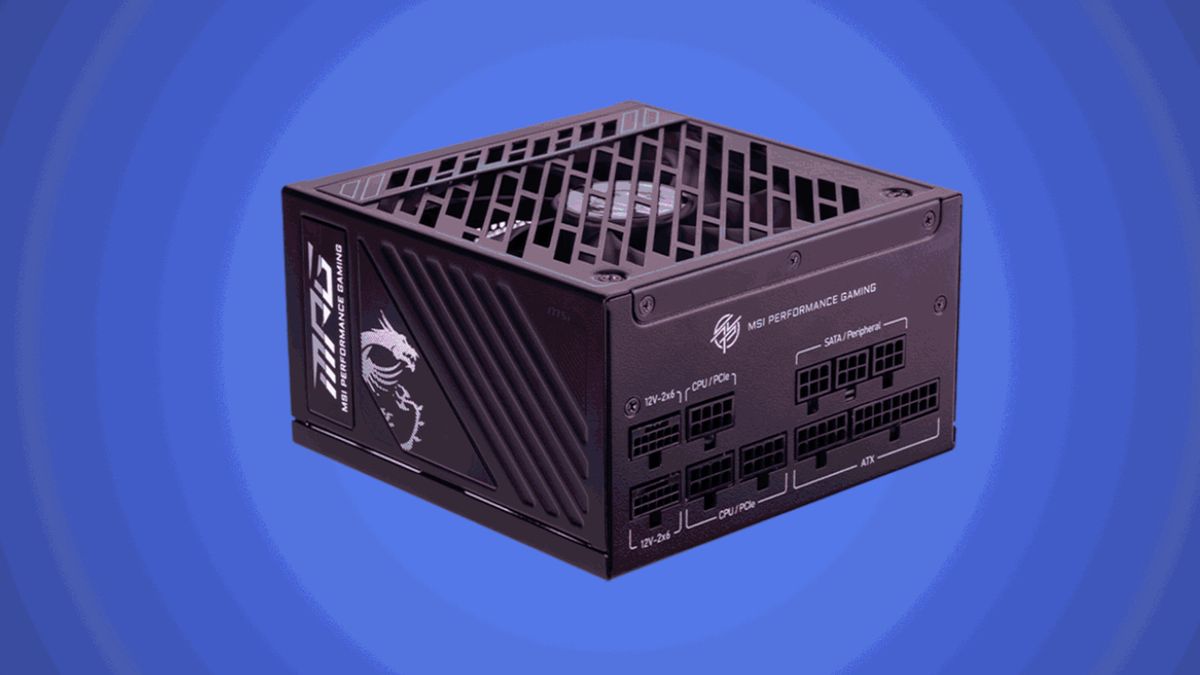 An image of a MSI power supply unit against a circular gradient blue background