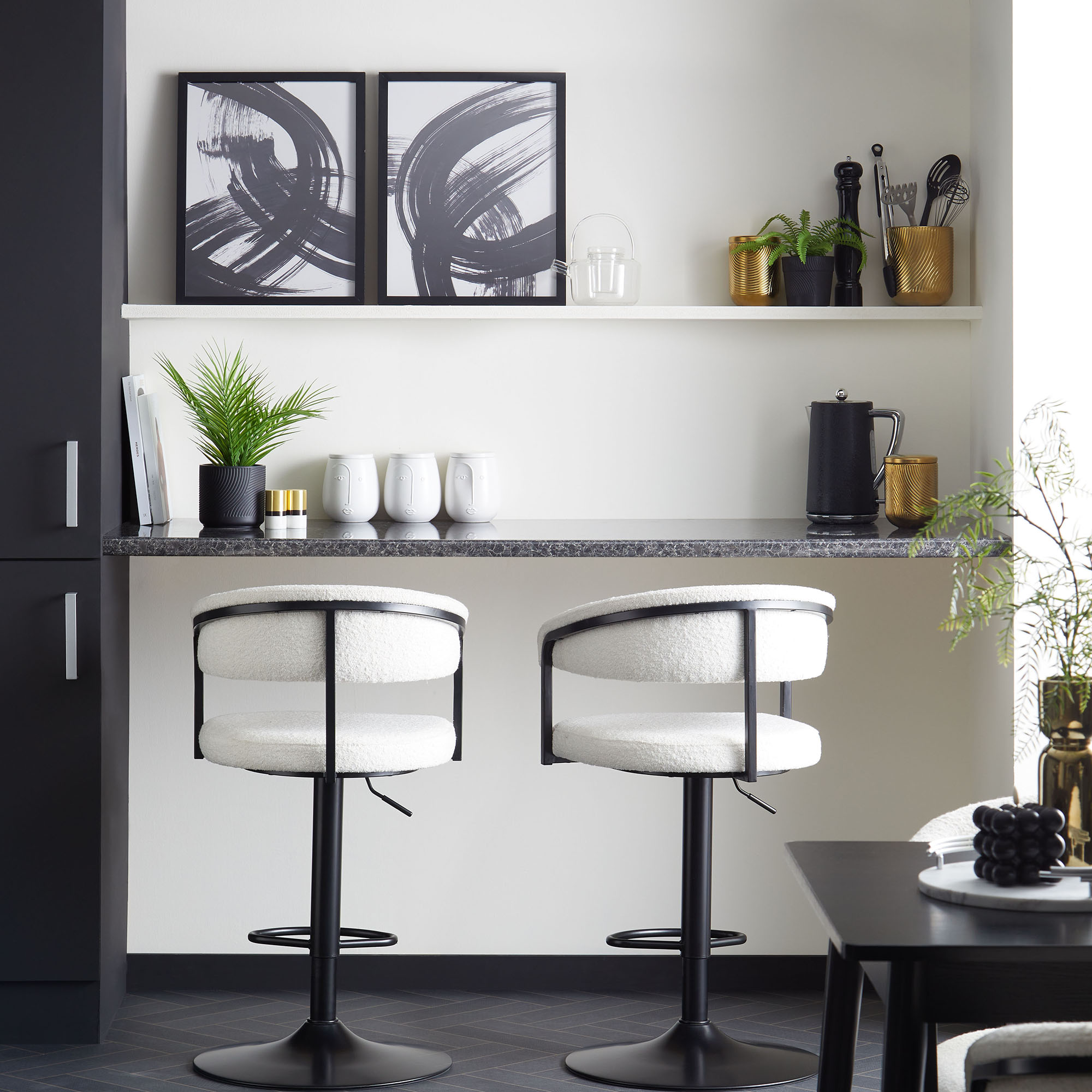 kitchen bar with stools and shelf
