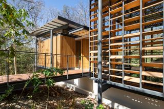 Bridge between two wooden buildings