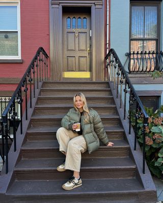 the best trainers for winter: @oliviamarcus wearing tan Loewe trainers and trousers