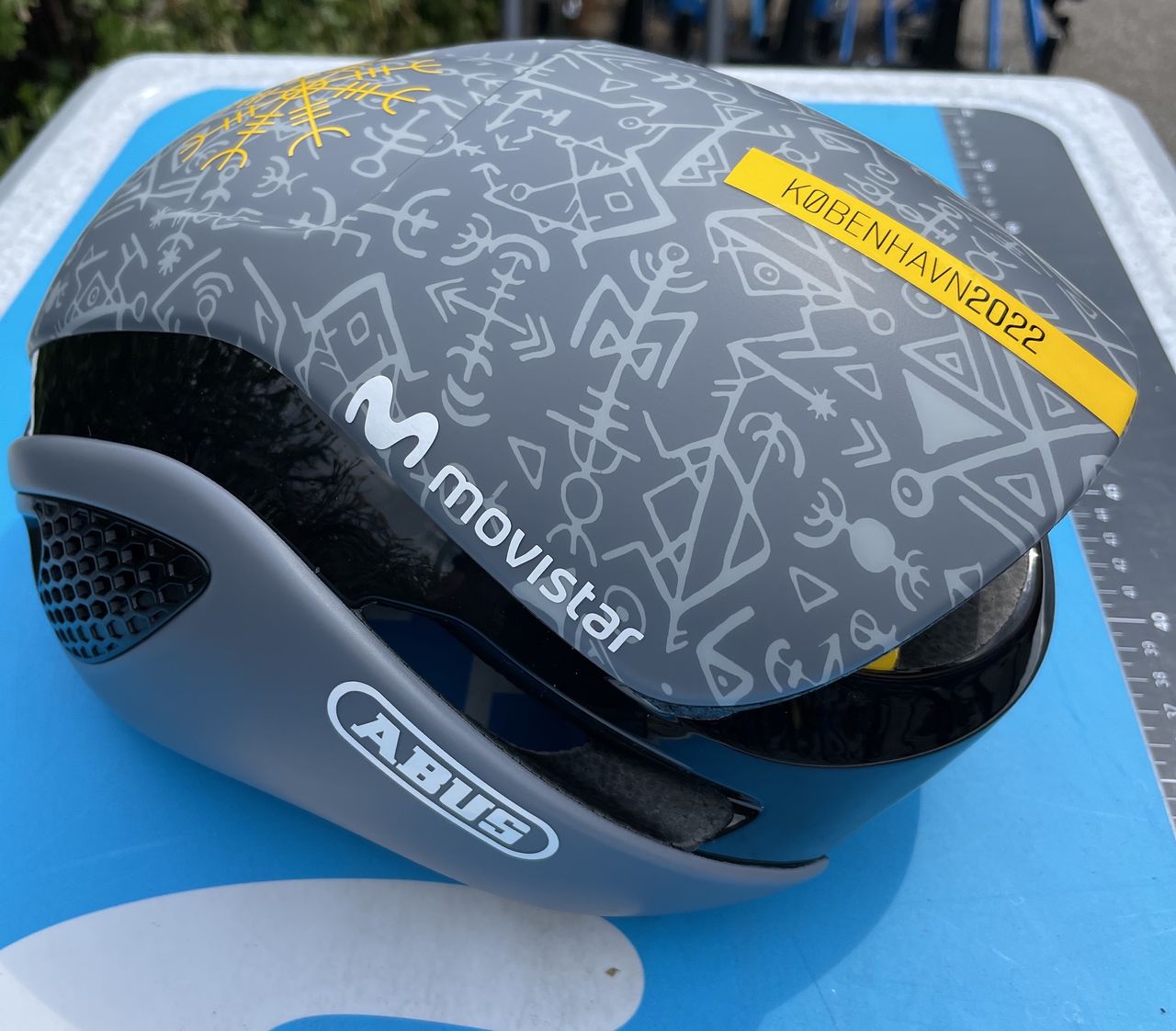 The Movistar team's special ABUS GameChanger 'Viking' helmet for the Tour de France