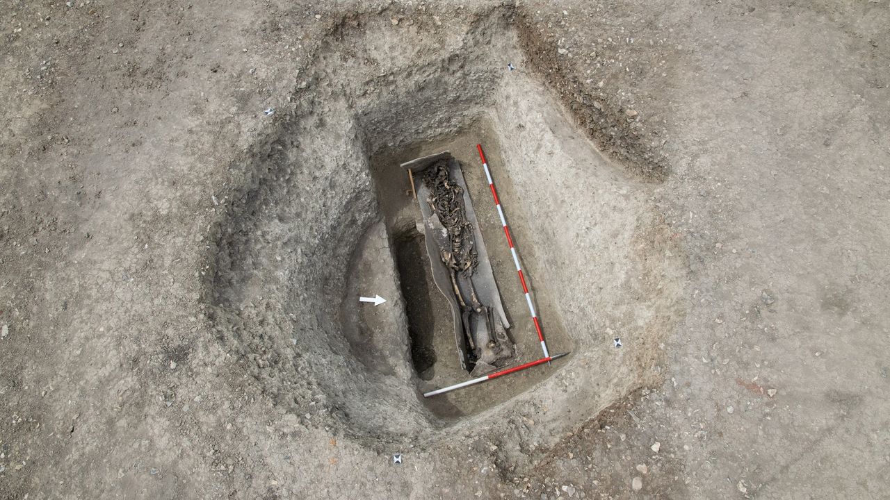 The skeleton of man buried some time in the Roman period, between 1600 and 1900 years ago, was found in lead-lined coffin at the Wellwick Farm site.