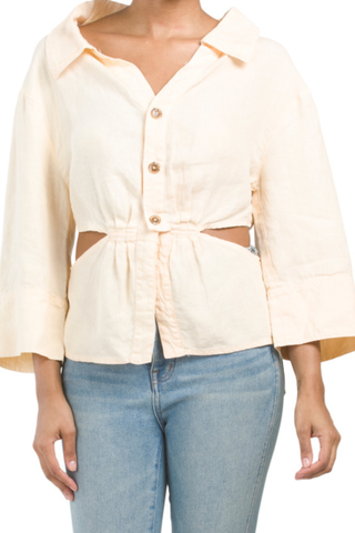 white cutout linen button down shirt