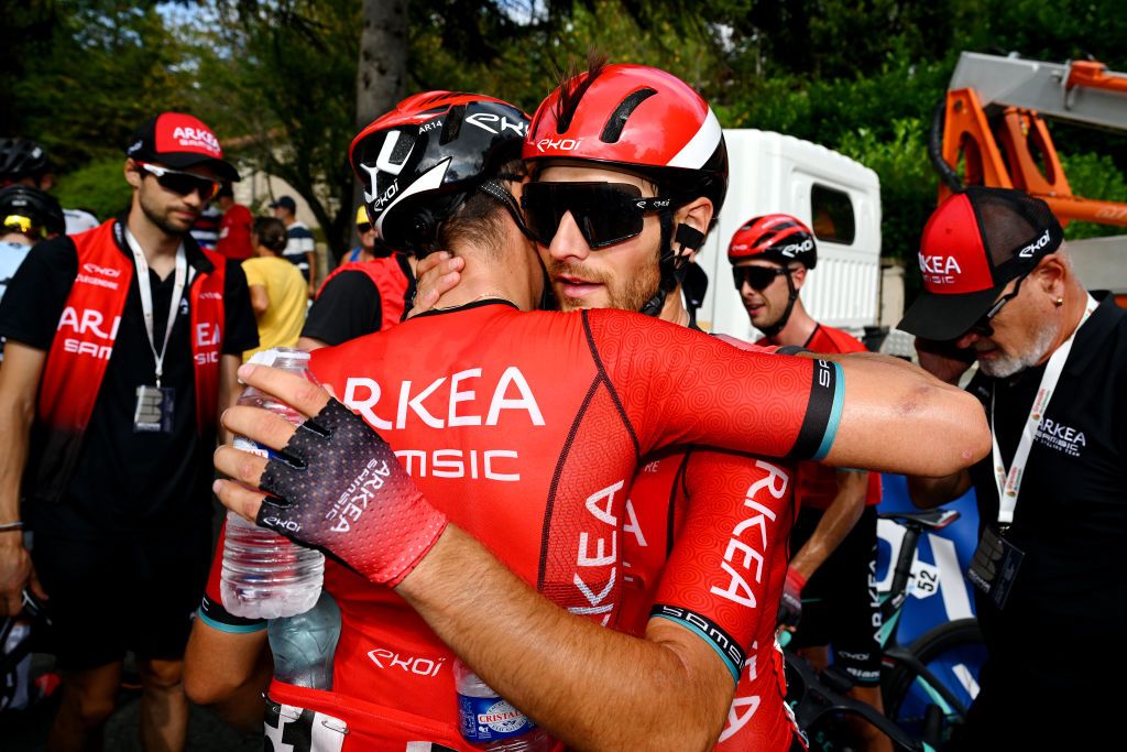 TRLISSAC FRANCE AUGUST 16 Stage winner Luca Mozzato of Italy and Team ArkaSamsic reacts after the 56th Tour du LimousinPerigord Nouvelle Aquitaine 2023 Stage 2 a 1856km stage from Excideuil to Trlissac on August 16 2023 in Trlissac France Photo by Dario BelingheriGetty Images