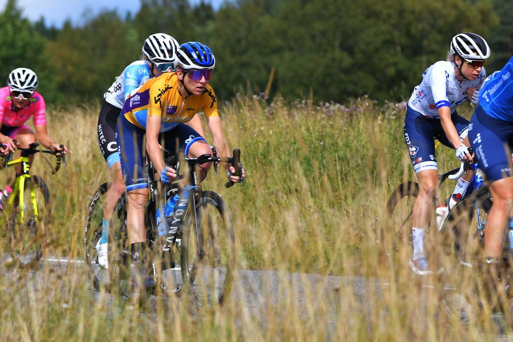 HALDEN NORWAY AUGUST 15 Annemiek Van Vleuten of Netherlands and Movistar Yellow Leader Jersey during the 7th Ladies Tour Of Norway 2021 Stage 4 a 1416km stage from Drbak to Halden LTourOfNorway LTON21 UCIWWT on August 15 2021 in Halden Norway Photo by Luc ClaessenGetty Images