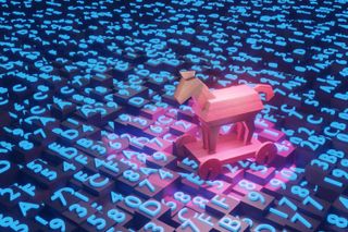 Trojan horse on top of blocks of hexadecimal programming codes. 3D illustration of the concept of online hacking, computer spyware, malware and ransomware.