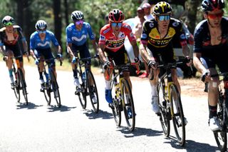 MOS SPAIN SEPTEMBER 04 Primoz Roglic of Slovenia and Team Jumbo Visma red leader jersey during the 76th Tour of Spain 2021 Stage 20 a 2022km km stage from Sanxenxo to Mos Alto Castro de Herville 502m lavuelta LaVuelta21 on September 04 2021 in Mos Spain Photo by Tim de WaeleGetty Images