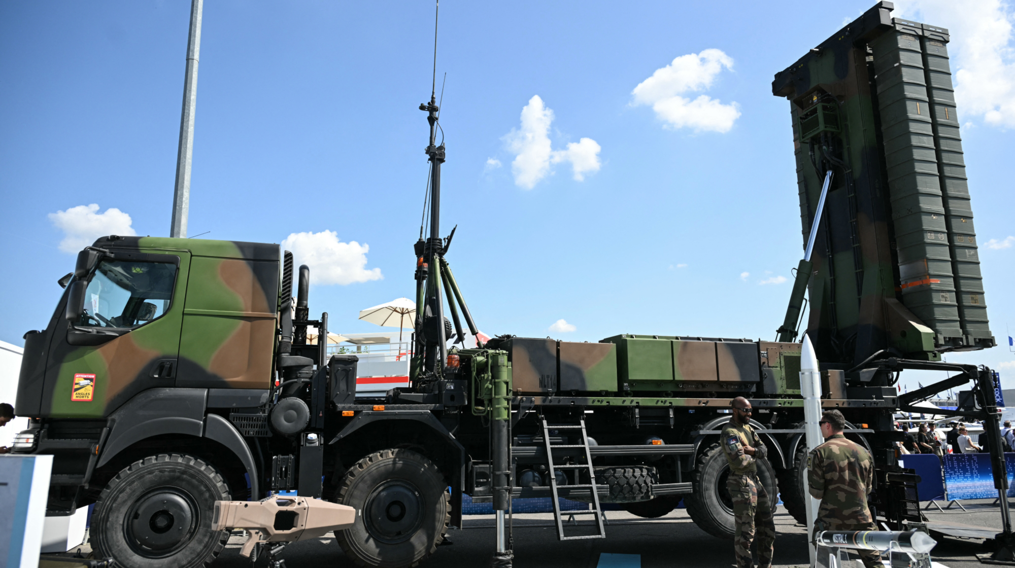 This photograph shows Franco-Italian consortium Eurosam's strategic air defence system SAMP-T NG on display at the Paris International Air Show (Salon international de l'aeronautique et de l'espace - SIAE) at the ParisLe Bourget Airport, north of Paris, on June 17, 2025. 