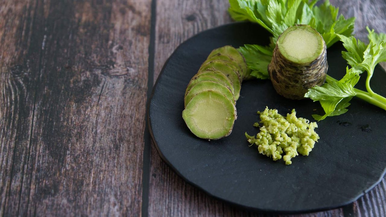 Wasabi chopped and grated on a table