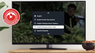 A TV showing a menu with dialogue boosting settings