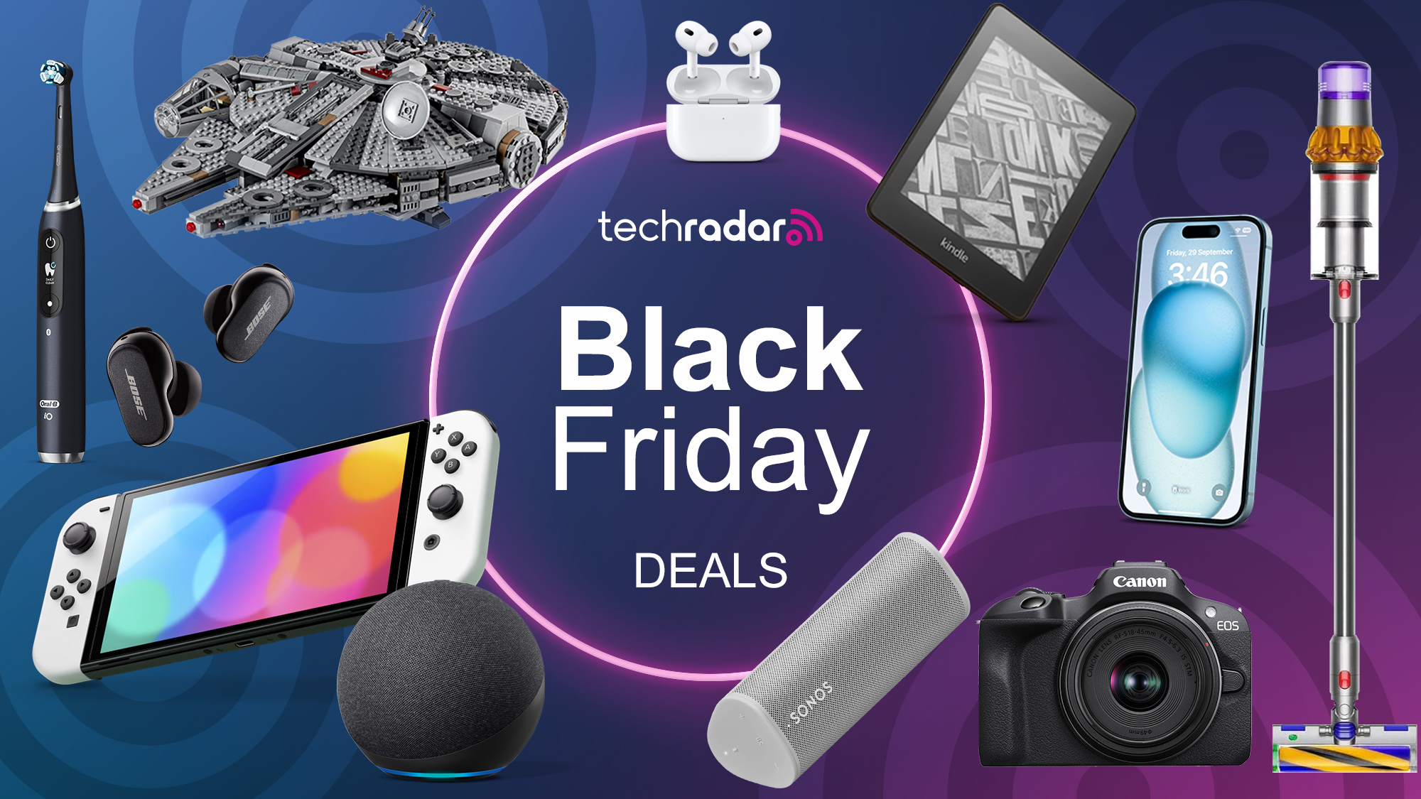 Various tech products surround the TechRadar Black Friday deals logo