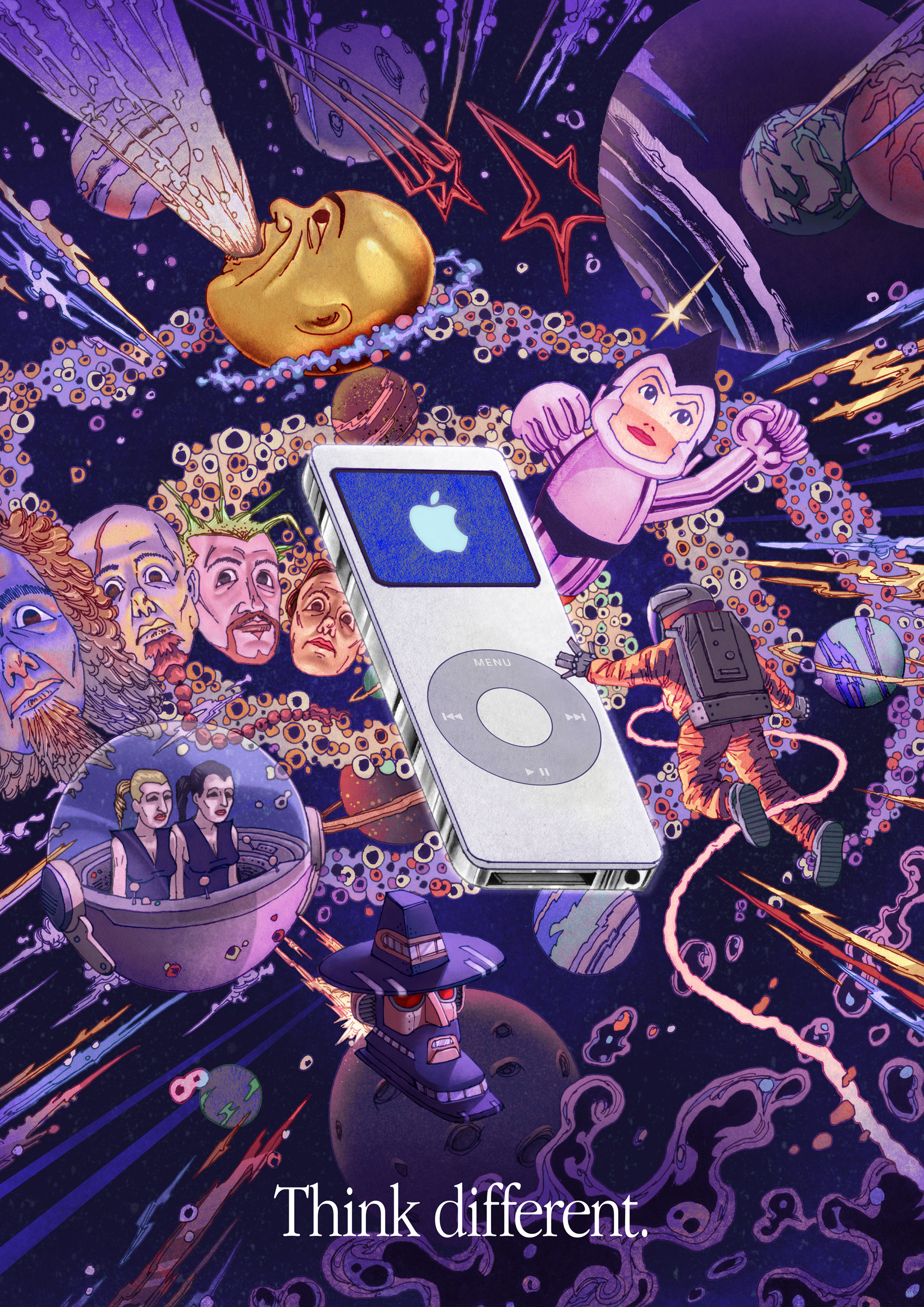 iPod in Y2k illustration style with text that says 'think different'