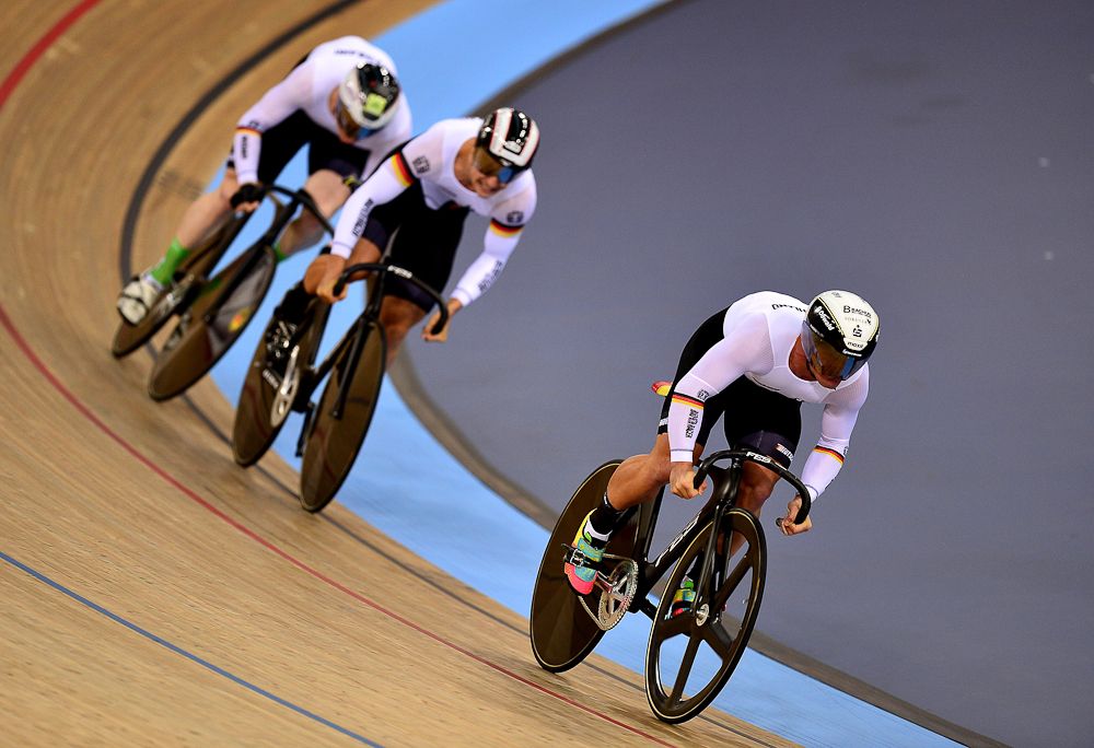 The German team compete in the Men's Team Sprint qualification round during the UCI Track Cycling World Championships