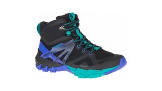 Best women's hiking boots: Merrell MQM Flex Mid Gore-Tex in black with purple and blue trims