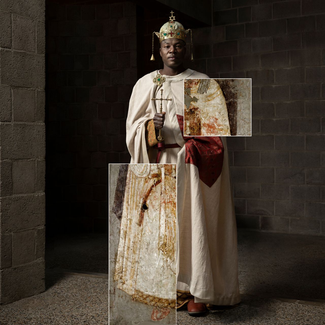 A model wears colorful patterned clothing with an ancient painting cutout next to the model for comparison