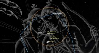 An illustration of the night sky on March 29 showing the moon next to the twins of the Gemini constellation, Castor and Pollux.