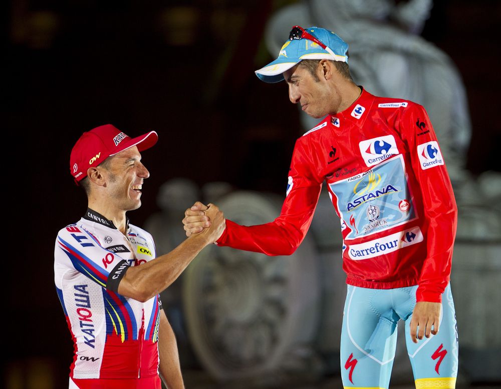 2015 Vuelta winner Fabio Aru congratulates runner-up Joaquim Rodriguez