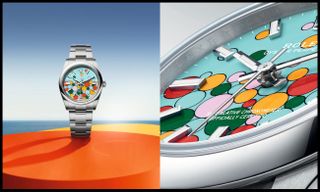 A full image of the Rolex Oyster Perpetual Watch alongside a detailed close up shot showing the watch face with several colourful circles artfully placed