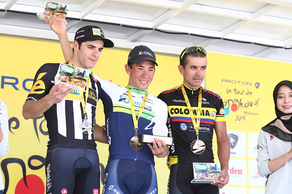 Youcef Reguigui (MTN-Qhubeka), Caleb Ewan (Orica-GreenEdge) and Leonardo Duque (Colombia)