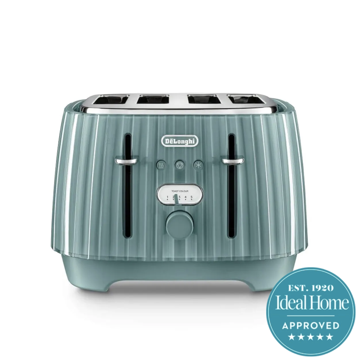 A blue De'Longhi toaster on a white background with a blue Ideal Home 5 stars approved badge in the right hand corner