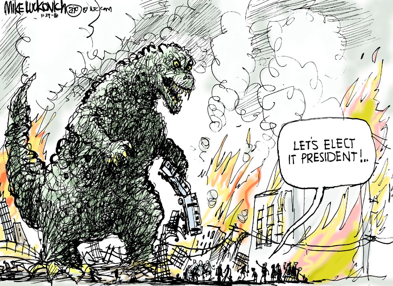 Political cartoon U.S. Donald Trump Godzilla new president elect