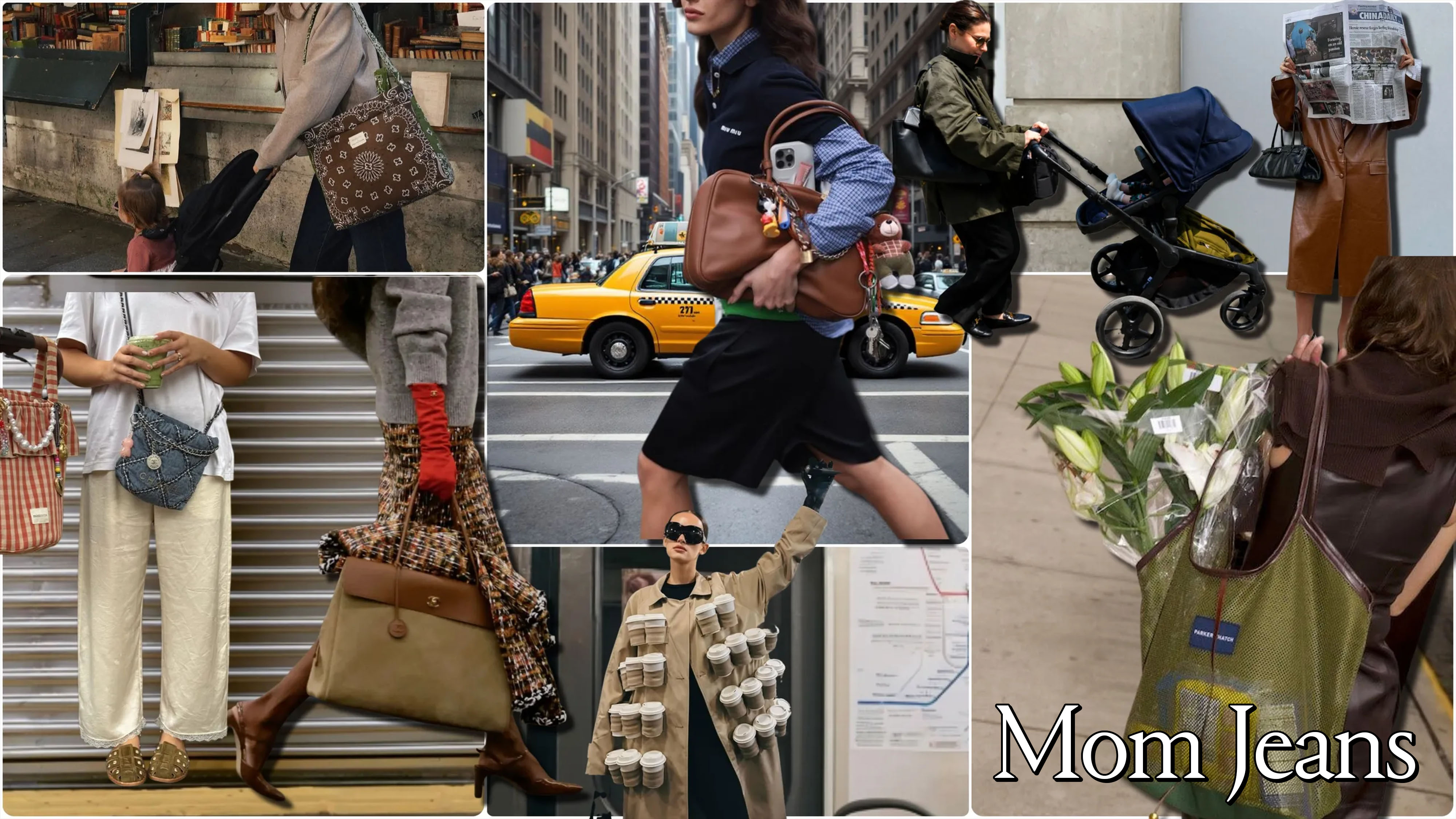 collage of stylish women carrying Mom bags