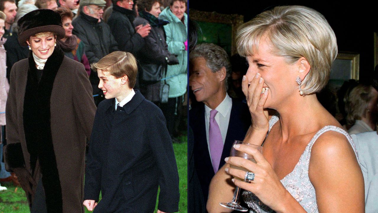 A picture of Princess Diana walking with Prince William in coats on Christmas Day next to a photo of her laughing and covering her mouth while holding a wine glass 