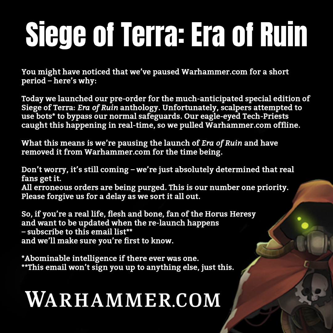 A message announcing the postponement of Siege of Terra: Era of Ruin.