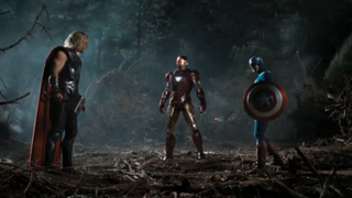 Chris Hemsworth, Robert Downey jr, and Chris Evans in The Avengers