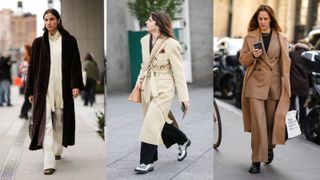 Street style influencers showing shoes to wear with wide-leg pants loafers