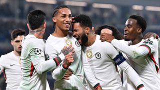 Joao Pedro celebrating scoring vs Atalanta in the UEFA Champions League with his Chelsea team mates.