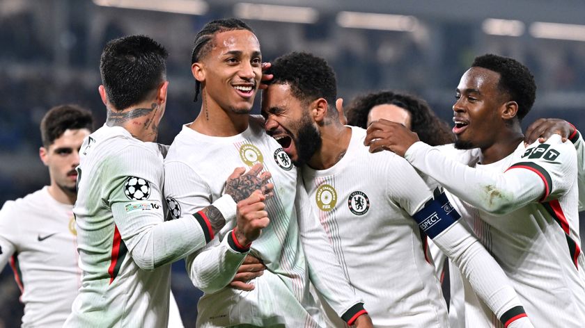 Joao Pedro celebrating scoring vs Atalanta in the UEFA Champions League with his Chelsea team mates. 