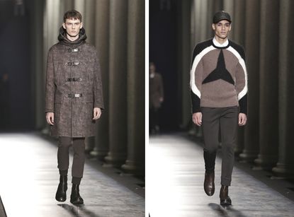 Split picture of two models walking down the catwalk - left side model wearing black trousers and a long coat / right side black jeans and brown, white and black jumper