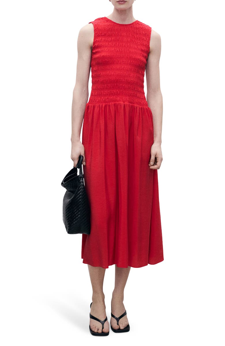 Maya Shirred Sleeveless Flare Midi Dress