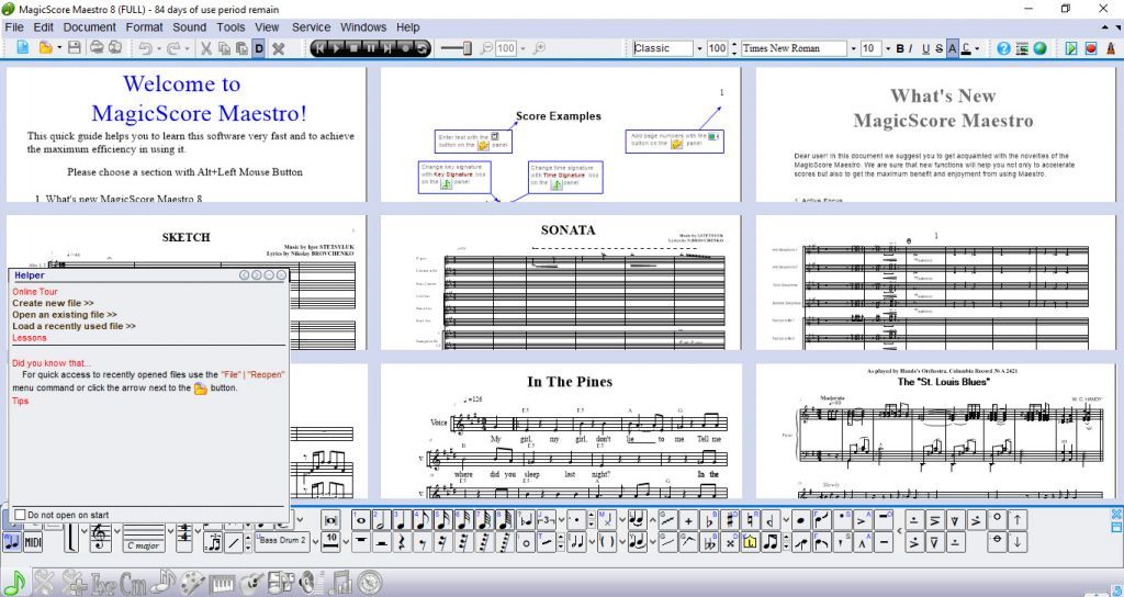 The startup screen in MagicScore has a helper window to help you find editing and input tools.