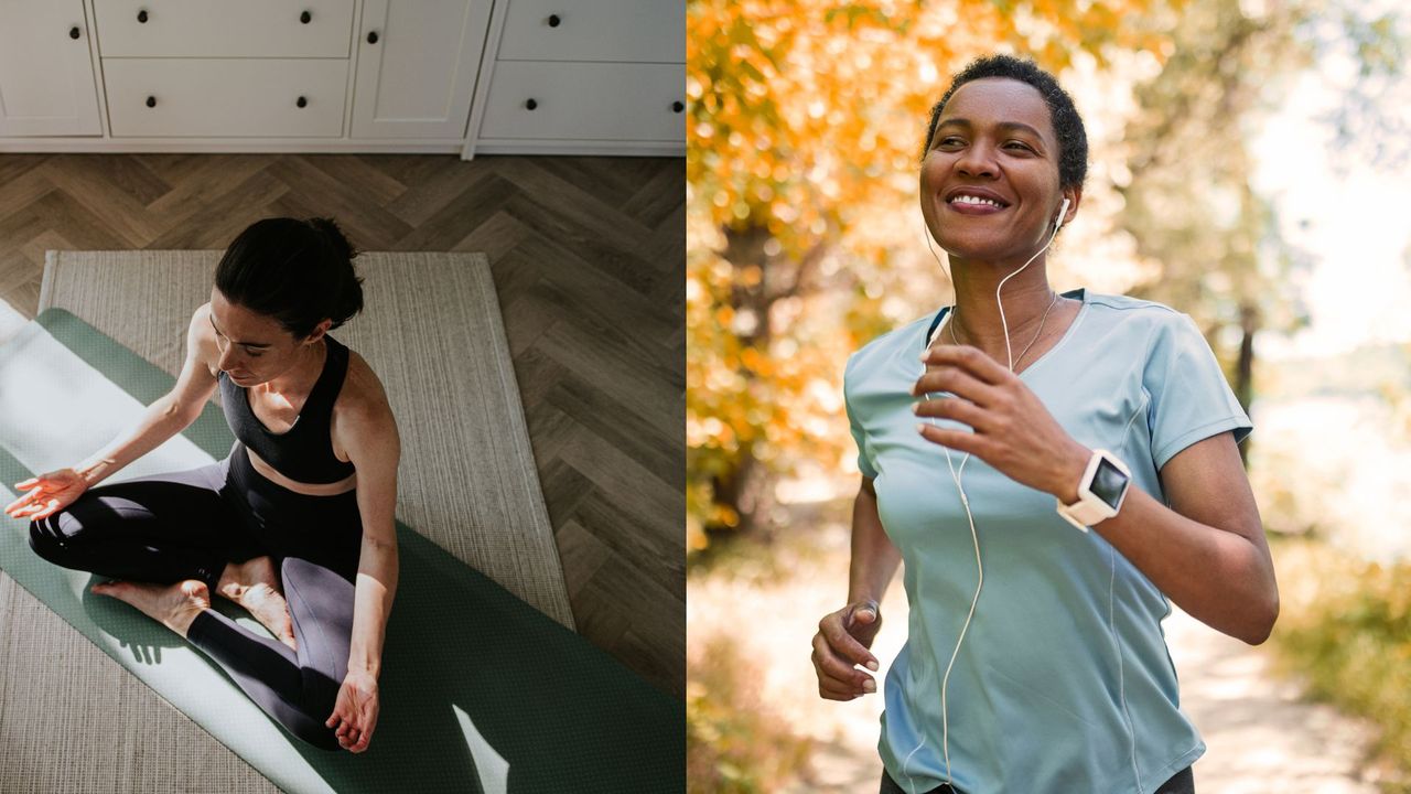 Woman doing relaxing yoga on mat and woman running outside, representing what is the difference between yoga leggings and running leggings