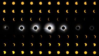 numerous images compiled together showing the various stages of the solar eclipse from when the moon appears to take its first "bites out of the sun" to totality and then back through the partial phase again.