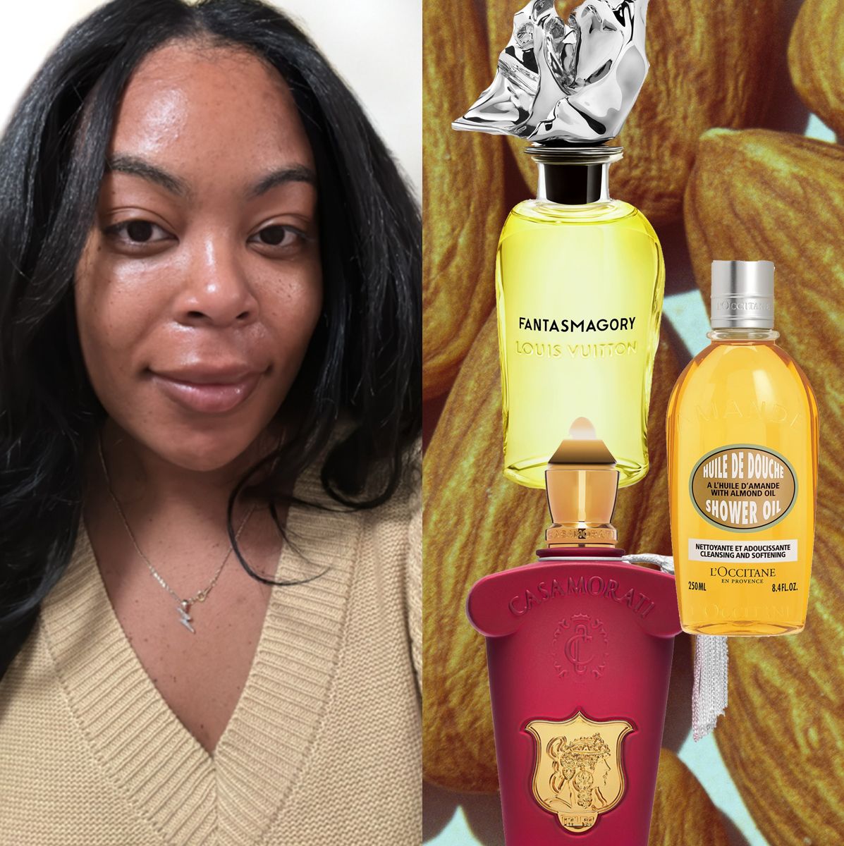 an almond background with a woman in the foreground with glowing skin with three almond perfume bottles