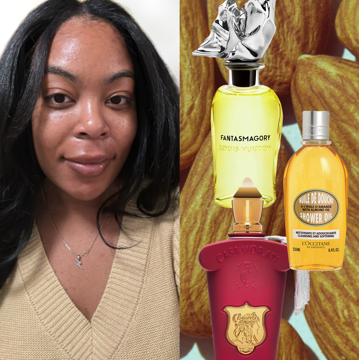 an almond background with a woman in the foreground with glowing skin with three almond perfume bottles