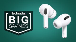 Apple AirPods Pro on dark green background, beside text that reads 'big savings'