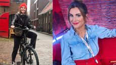 Orla Chennaoui riding a bike of the left and sitting on a sofa smiling on the right 