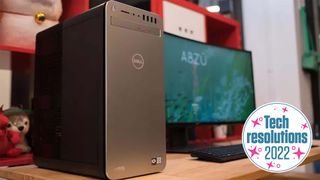 An idle Dell XPS tower on a desk with a TechRadar Tech Resolutions 2022 badge in the corner